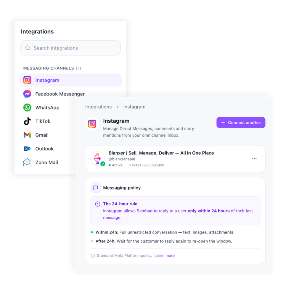 Sambad Integrations dashboard — connecting a social channel